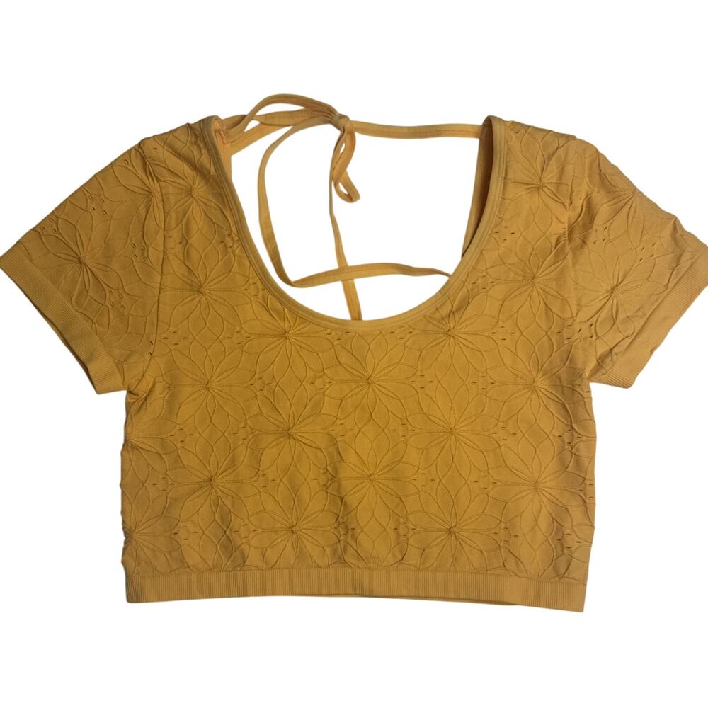Women’s‎ Yellow Seamless Crop Top Open Back Tie Short Sleeve Stretch